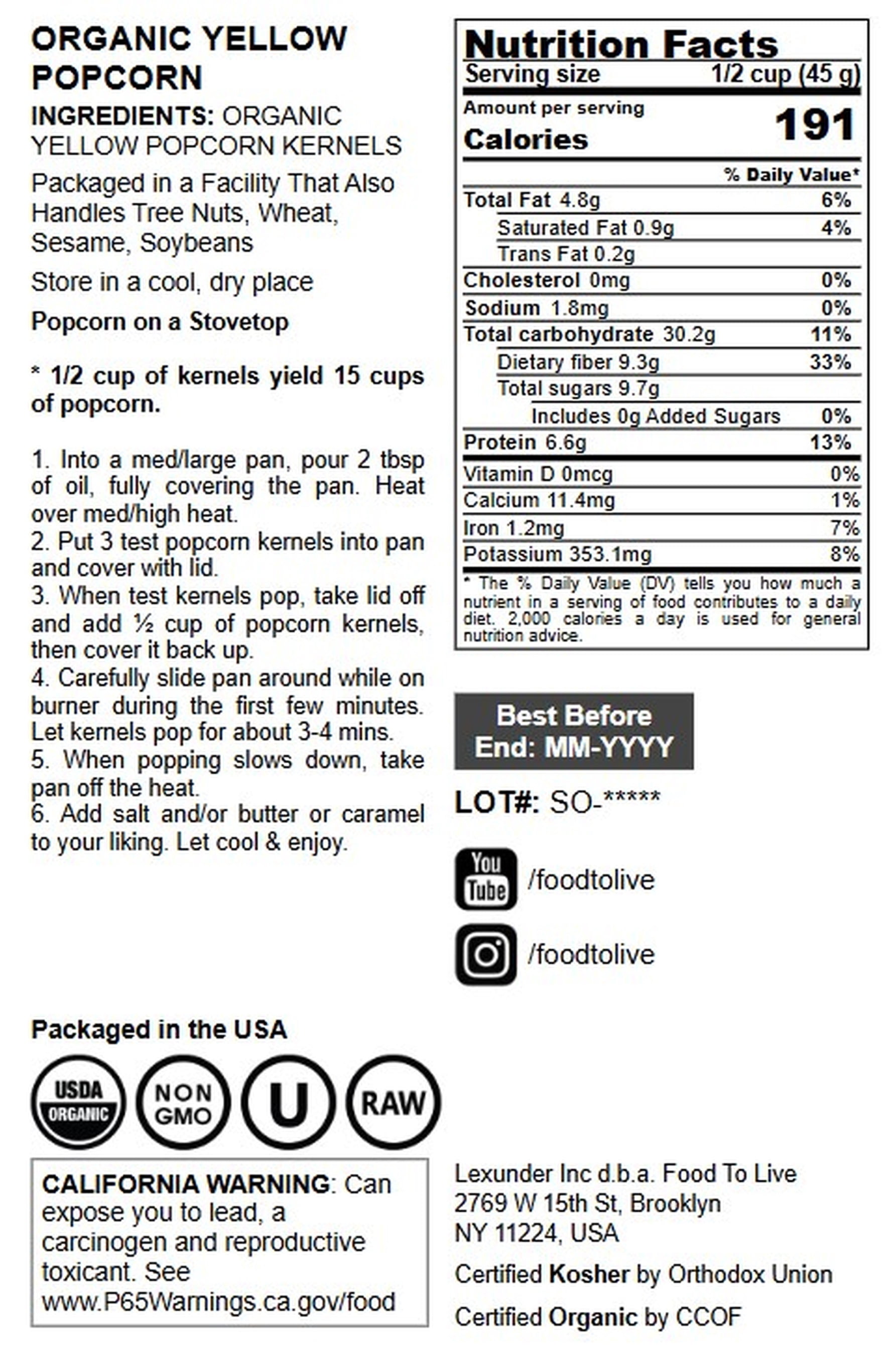 Organic Yellow Popcorn, 20 Pounds — Non-GMO, Vegan, Raw — by Food to Live