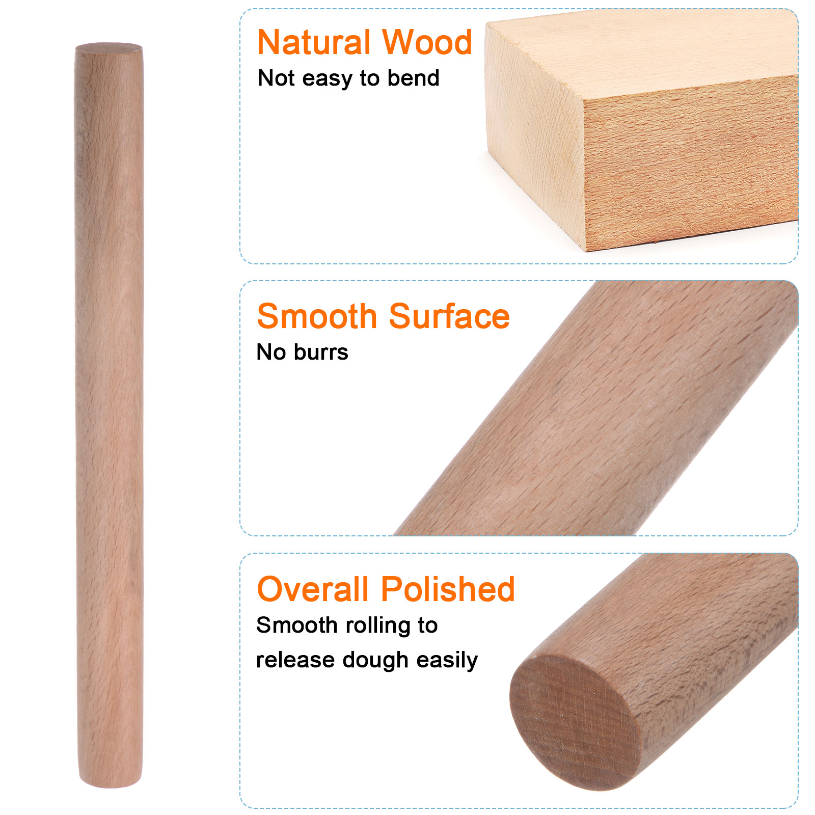 Unique Bargains Cylindrical Beech Wood Rolling Pin for Baking and Cooking 11.8"x1.1"