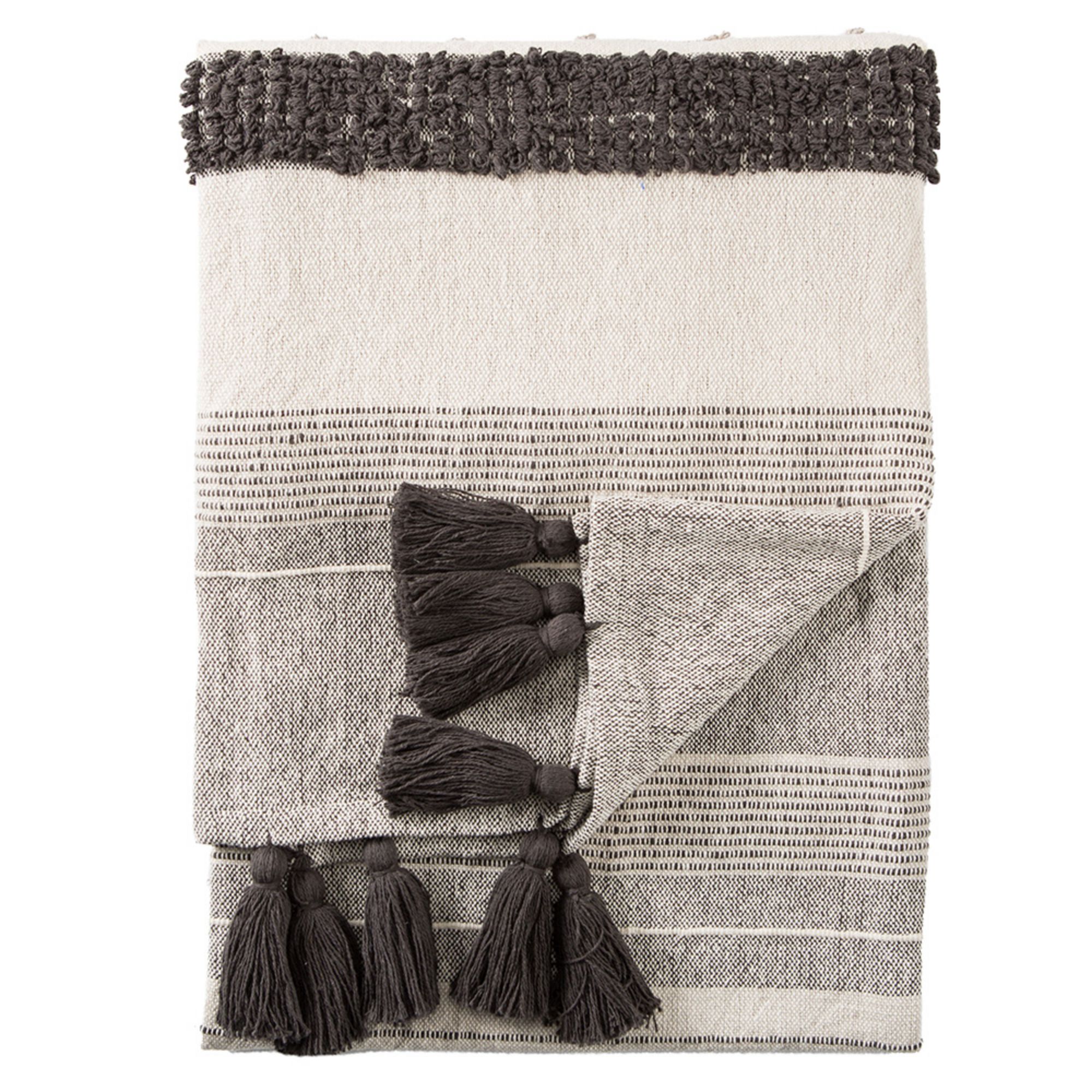 Soft Charcoal Gray and Ivory Striped Fringed Throw Blanket 60" x 90