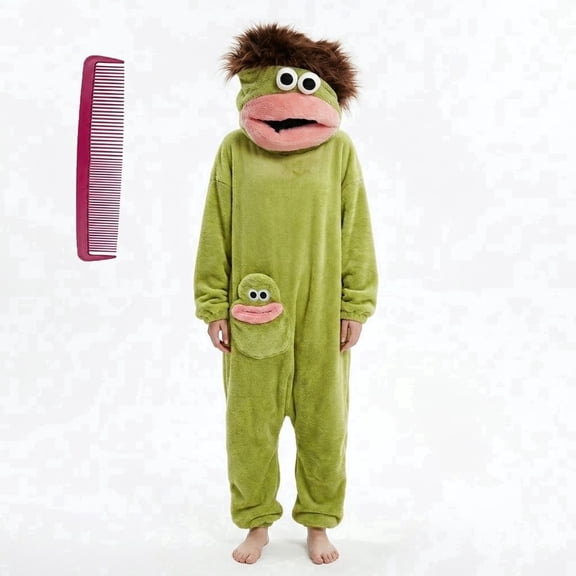 Funny Big Mouth Monster Adult Onesie with Large Comb Prop, Oversized Fleece One Piece Pajamas for Women & Men, Kigurumi Halloween Costume