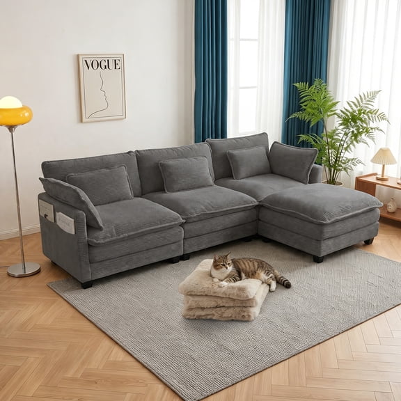 Aphthongs 110.6" Modular Sectional Couch with Charging port,Corduroy L-Shaped Sofas Cloud Couch,Deep Seat Comfy Floor Sofa with Extra Pillows for Living Room Bedroom