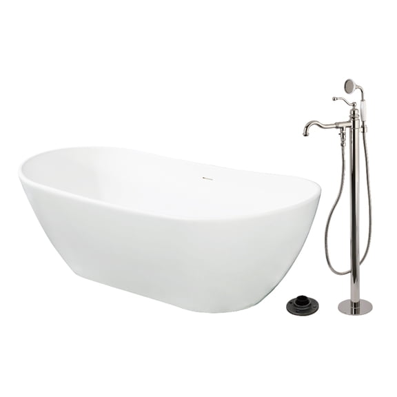 Kingston Brass KRTRS7232136AL 72" Solid Surface Oval Double Ended Freestanding Tub with Faucet Combo and Drain, Polished Nickel