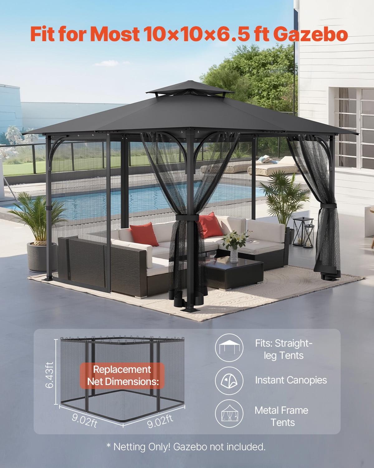 VEVOR Gazebo Netting Replacement, Fit Most 10 x 10 x 6.5 FT Gazebo Curtain, Outdoor Garden Net, 4-Panel Sidewall Mesh Net, Patio Midge Netting with Double Zipper, Canopy Screen (Netting Only)