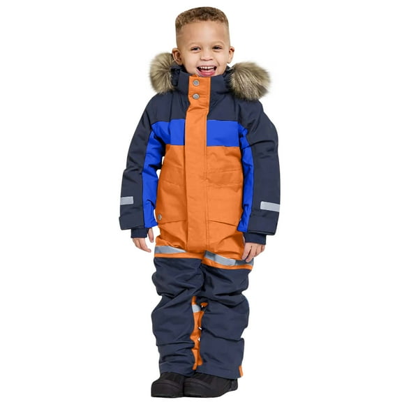 SGFCWSX Kids Snowsuit Furry Hooded Reflective Insulated Jumpsuit Cold Weather Heavy Duty Outfit for Boys Girls Orange Size 6-7Years