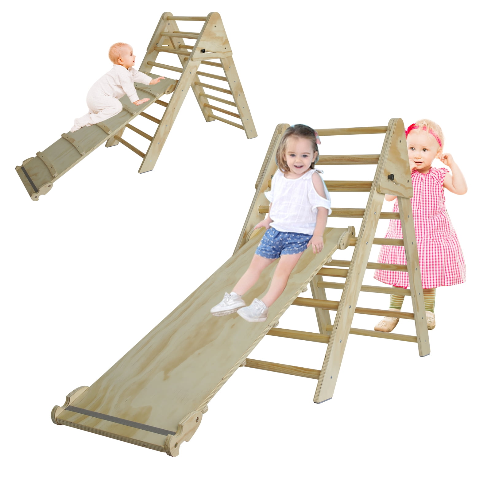 Natural Wood Pikler Triangle Ladder with Ramp & Slide, Foldable 2-in-1 Wooden Climbing Play Gym, Montessori Climber for Toddlers Kids Ages 1-7