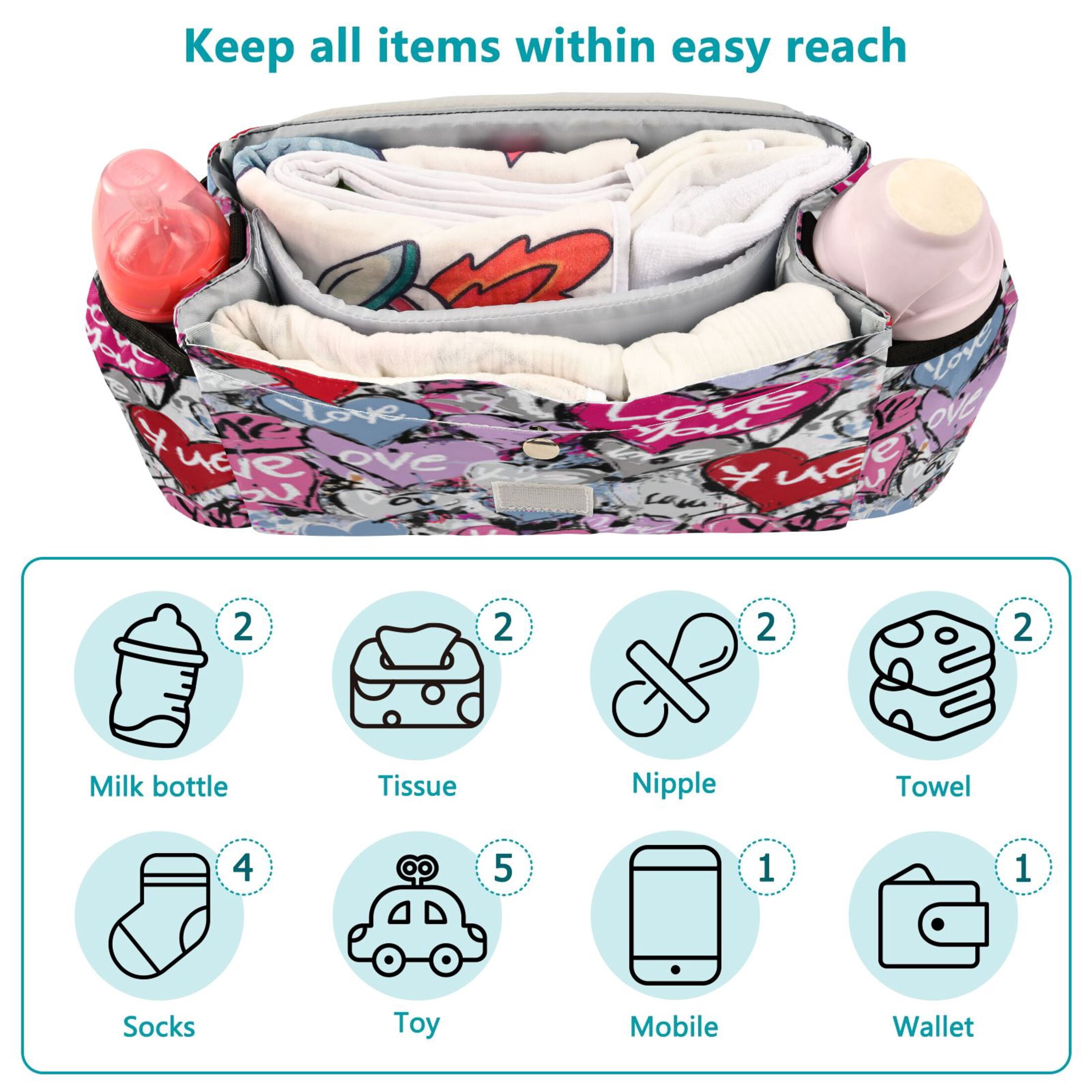DIXRUYEE Stroller Organizer Colorful Love Hearts Printed