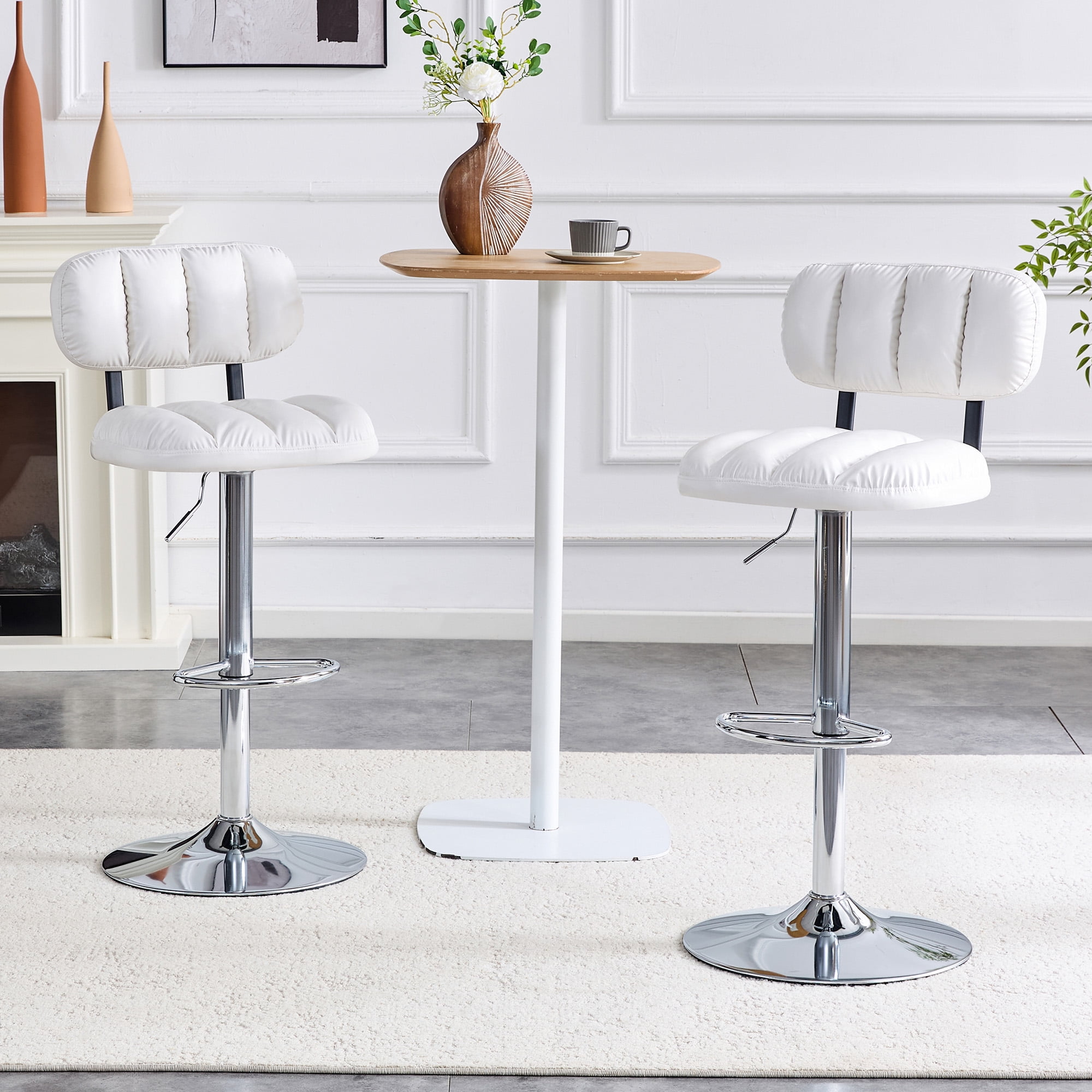 Alvantor Set of 2 White PU Leather Adjustable Bar Stools with Chrome Base