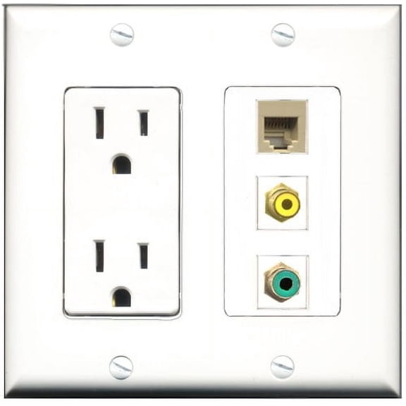 RiteAV - 15 Amp Power Outlet 1 Port RCA Yellow 1 Port RCA Green 1 Port Phone Beige Decorative Wall Plate