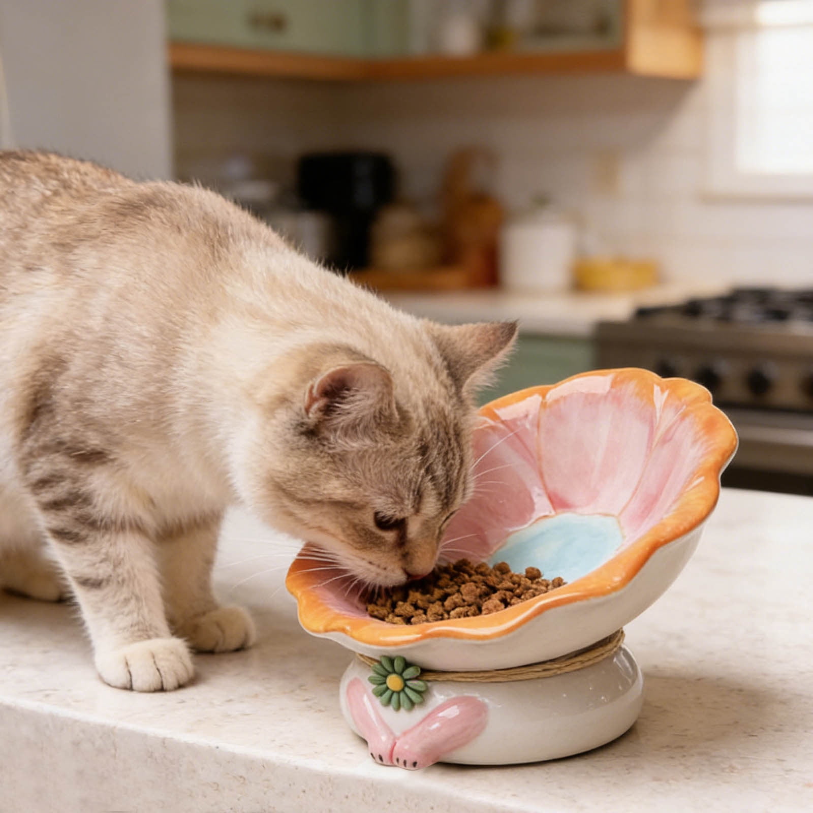 Elevated Ceramic Pet Bowl 15 Angle Shallow Dish Design for Improved Digestion and Spinal Health in Cats and Dogs