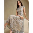thumbnail image 4 of Elegant Silver Floral Mesh Sequin Short Sleeve Midi Dress For Formal, 4 of 7