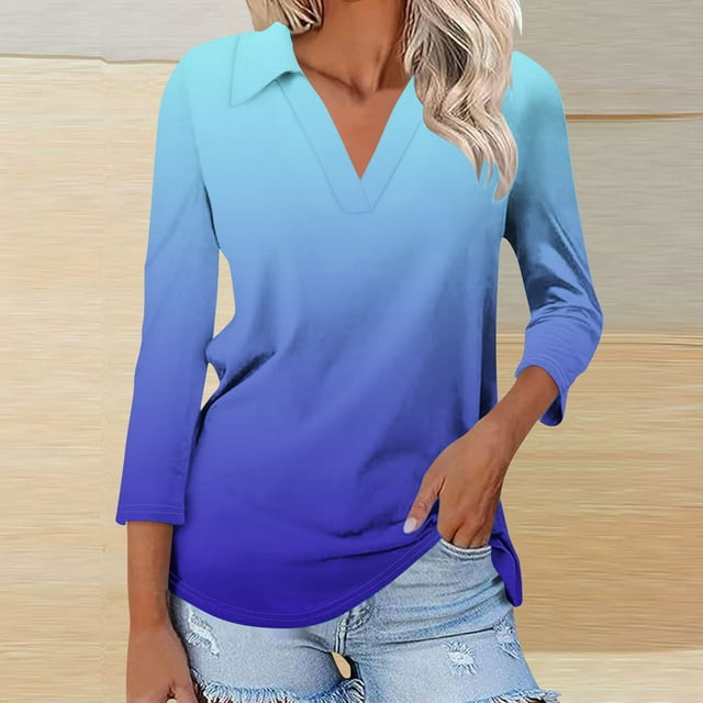 Blouses pour Femmes, T-shirt Assorti Col en V Col Rabattu Manches 3/4