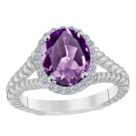 Mauli Jewels Rings for Women 1.45 Carat Diamond And Oval Shape Amethyst Ring 4 Prong 10KWG