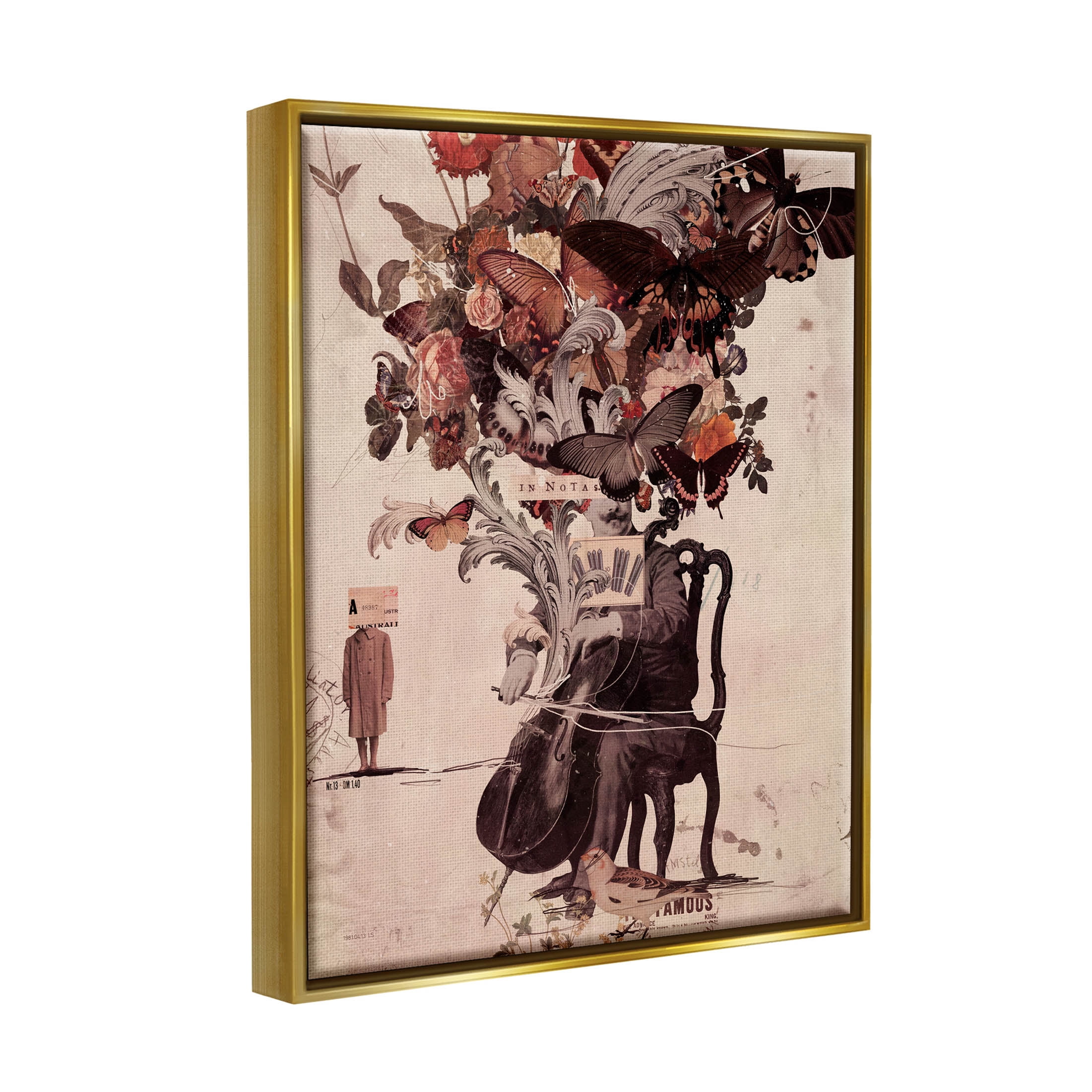 Stupell Industries Musician Butterfly Botanicals Collage Graphic Art Metallic Gold Floating Framed Canvas Print Wall Art, Design by Matheus Lopes Castro