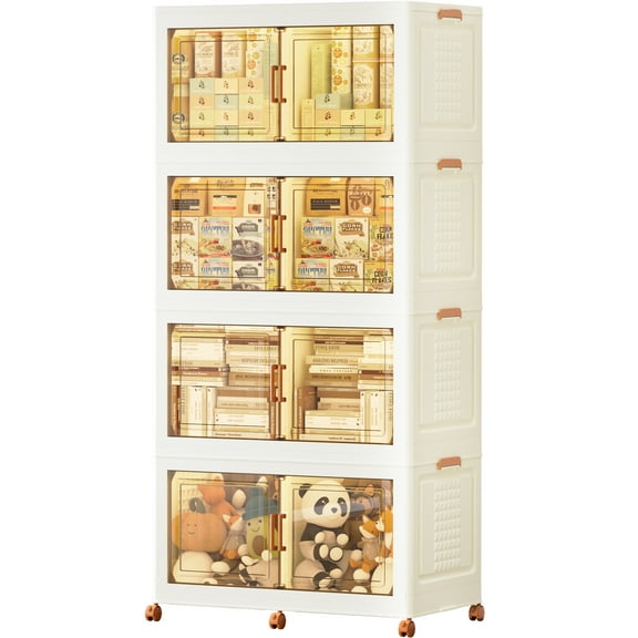 JEKO&JEKO 800Qt Foldable Storage Bins with Lids & Wheels, 4 Pack, Cream