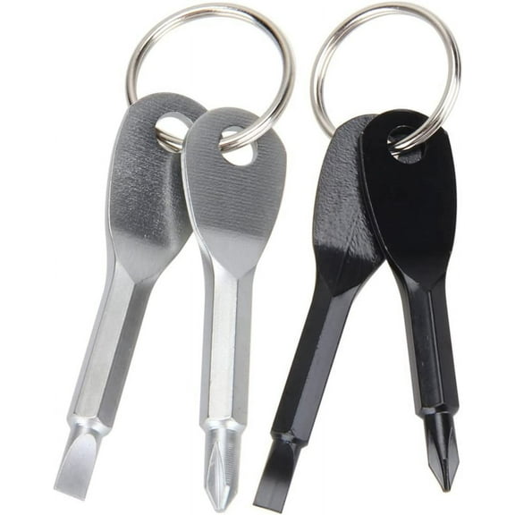 2 Set(4PCS) Portable Multifunction Key Chain Screwdriver Mini Key Shape Travel Kits Outdoor EDC Screwdriver Tool with Key Ring(Color: Black Silver)