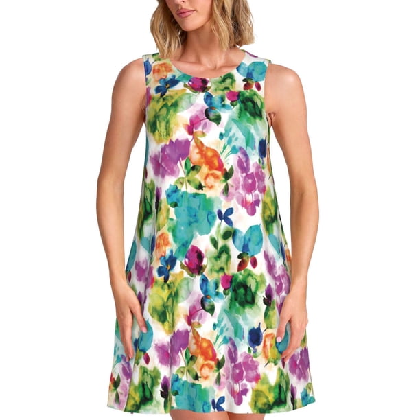 Fotbe Watercolor Flowers Vestido de Verano sin Mangas para Mujer – Vestido Midi Línea A, Estilo Camiseta Floral, Vestido Playero Casual y Fluido