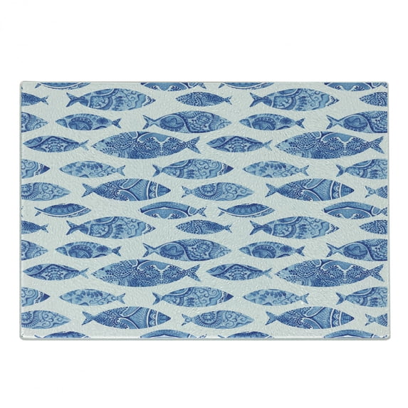 Blue Cutting Board, Fish Sea Animal with Ottoman Ornate Mosaic Hand Drawn Style Marine Artwork, Decorative Tempered Glass Cutting and Serving Board, Small Size, Blue, by Ambesonne