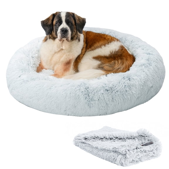 Open Box Best Friends by Sheri Bundle Set The Original Calming Shag Donut Cuddler Cat and Dog Bed + Pet Throw Blanket, Frost, Extra Large, 45x45