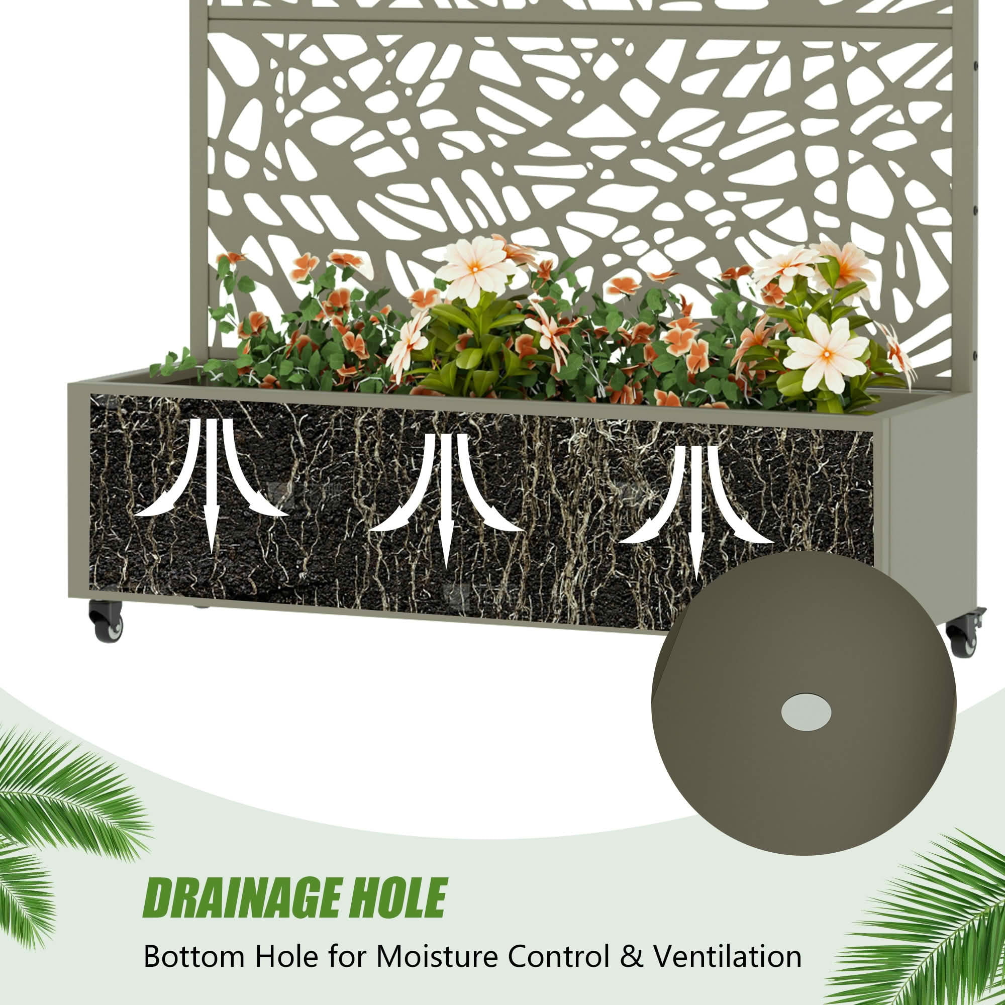 MAYEERTY 72X47" Metal Outdoor Olive Gray Privacy Screen with Planter Box for Backyard & Garden, 3 Piece Set