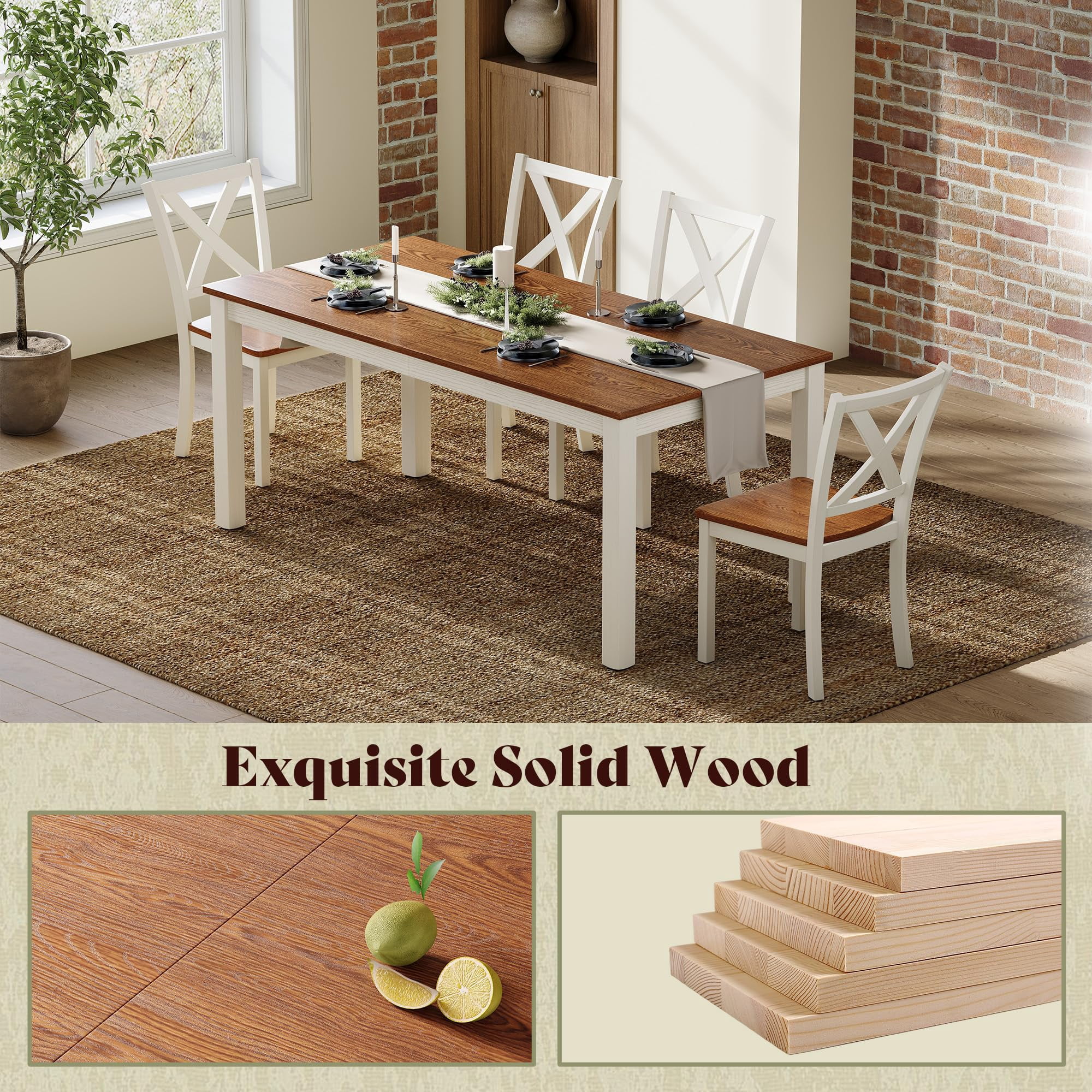 Merluxy 6-Piece Farmhouse Dining Table Set, 59" Wooden Table with 4 Chairs & Bench, Kitchen & Dining Room Set for 6, Walnut & White
