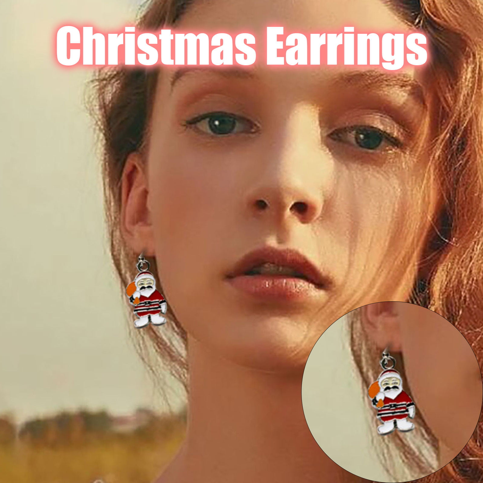wearing Christmas hat with cute dangling star Seasonal snowman earrings