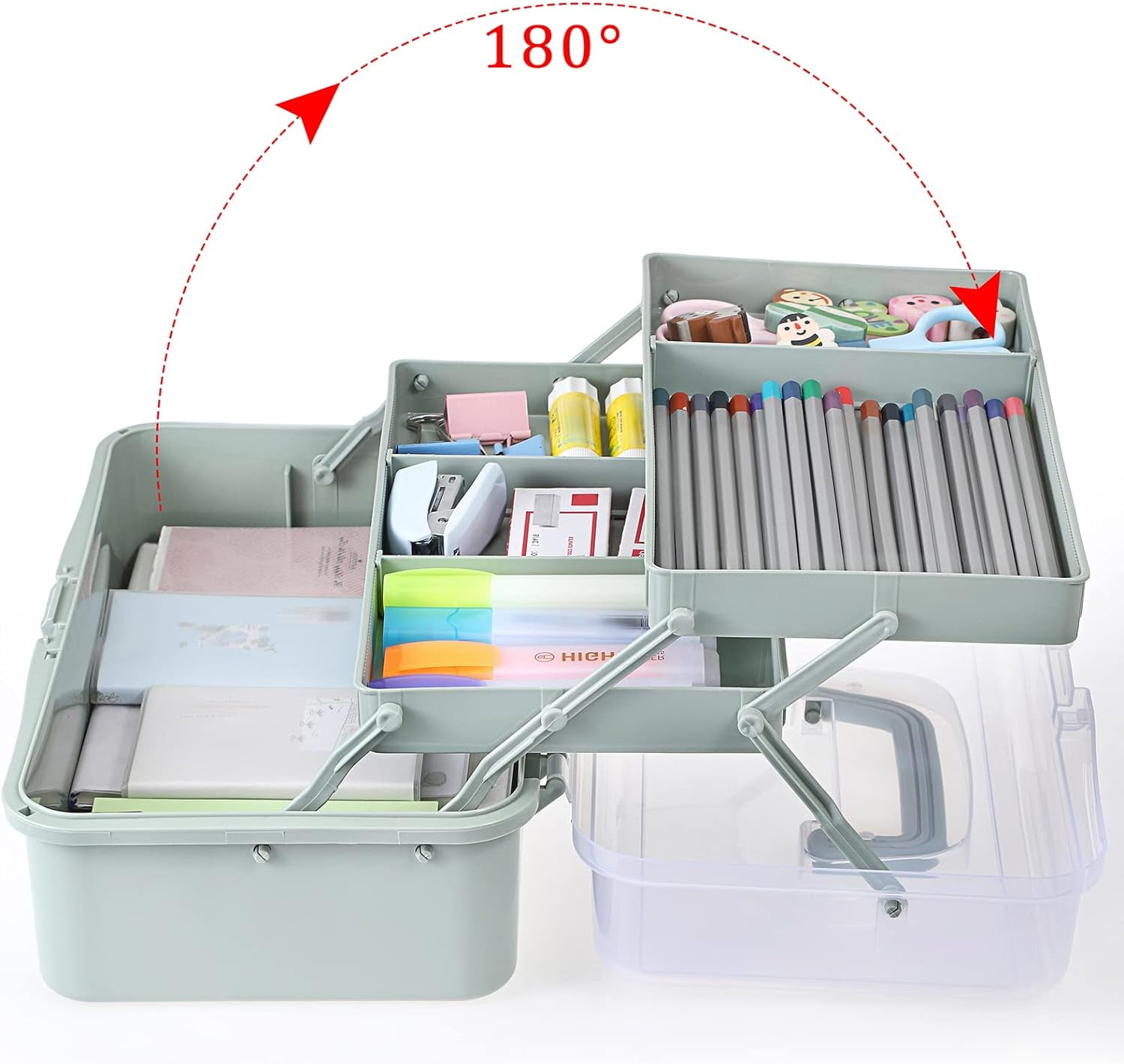 3-Layer Plastic Dividing Storage Box Craft Organizer and Storage with Adjustable Spacers Portable Handled Art Supply Organizer Multipurpose Home Utility Box for Medicine Sewing(Haze Green)