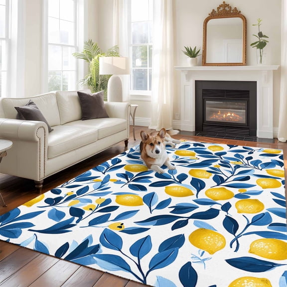 6'x9' Area Rugs, Lemon Indoor Outdoor Area Rug for Living Room Bedroom, Summer Fruit Spring Leaf Watercolor Pastoral Washable Bathroom Rugs Kitchen Floor Carpet Mats Home Decor Aesthetic