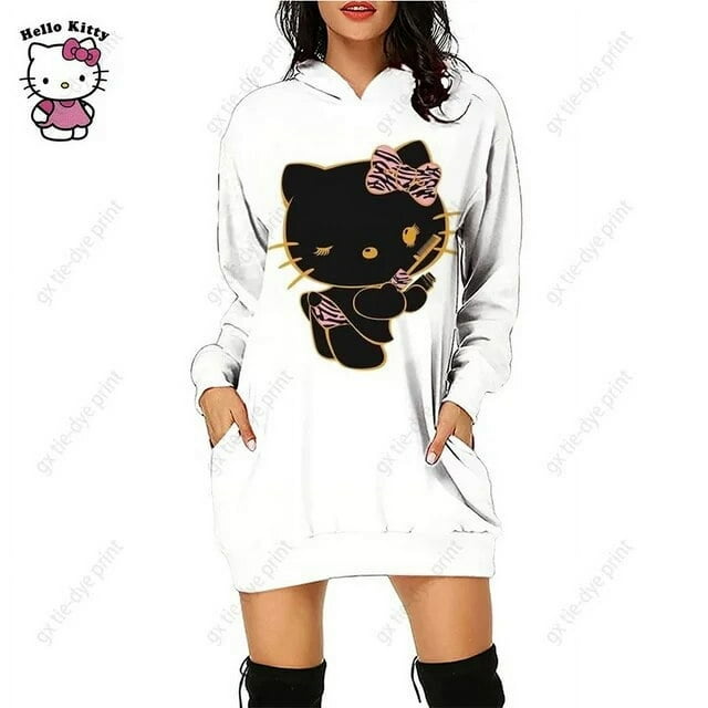 Nouveau Chandail à Capuchon Léopard Hello Kitty Femme Simple Col Rond Polyvalent Chandail Long Bureau Décontracté Ample Chandails à Capuchon Robe d'Automne