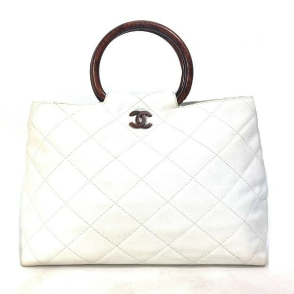 Pre-Owned CHANEL Matelasse Quilted CC Coco Mark Wood Handle Tote Bag Handbag in... (Fair)