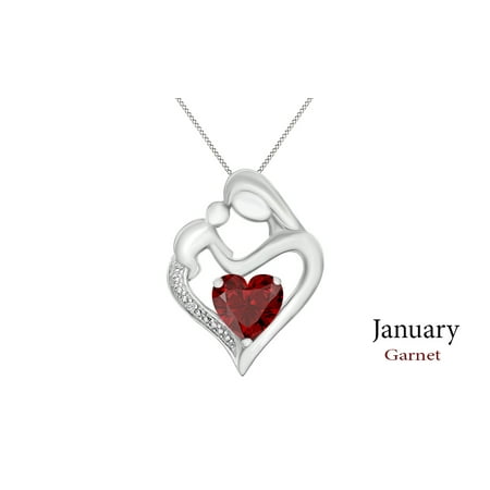 January Birthstone Pendant (Simulated Garnet & White Natural Diamond Mother & Child Heart Pendant in 14k White Gold Over Sterling Silver (11/10)