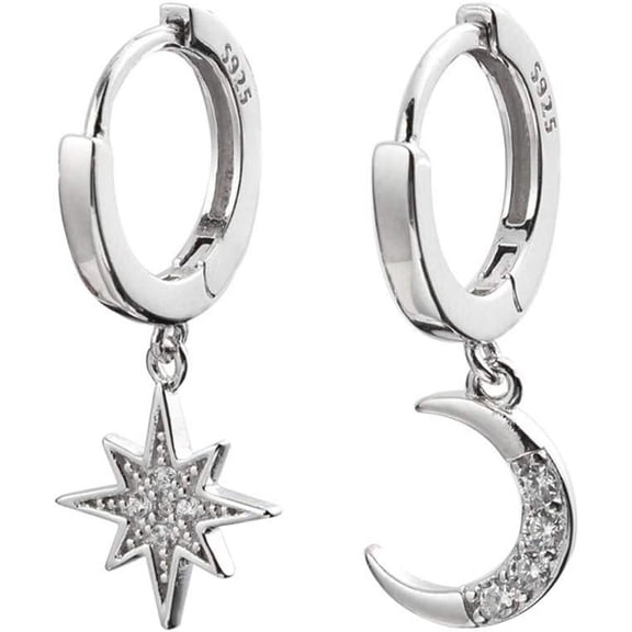 CZ Moon Star Dangle Small Hoop Earrings for Women Girls Sterling Silver with Charms Crystal Asymmetrical Snowflake Crescent Drop Mini Cartilage Clip Jewelry Delicate Fashion Birthday Gifts