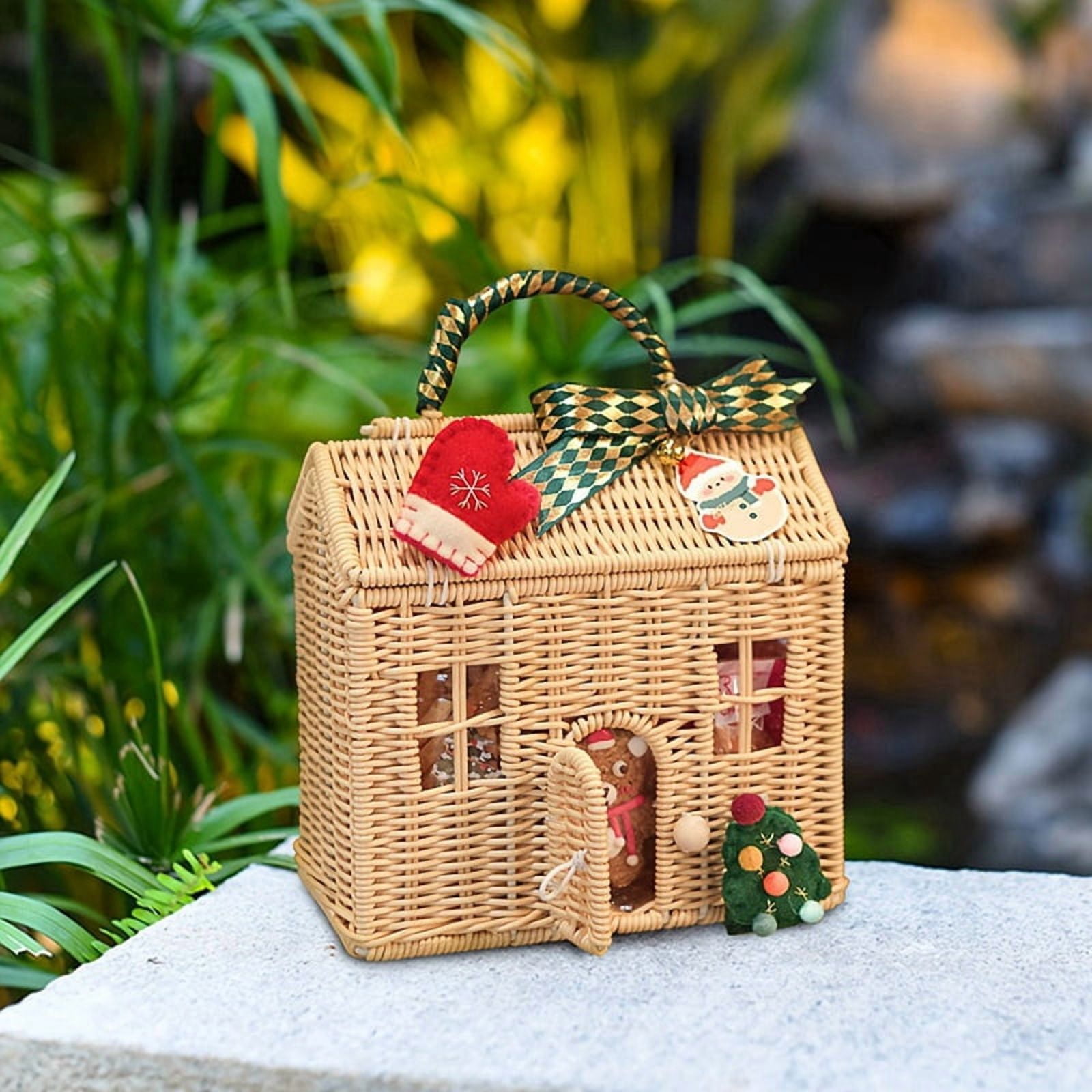 Rattan House Shaped Basket with Lid, Decorative Hand Woven Shelf Organizer with Folding Handle, Harvest Wicker Basket