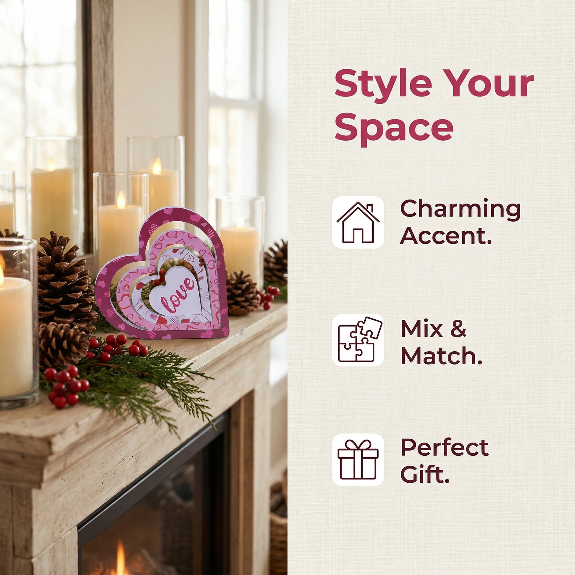 Unique Bargains Wooden Heart Table Decor Removable Stackable Heart Sign Style A 5.1in