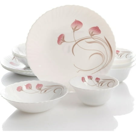 Oster Annis 12 Piece Double Bowl Dinnerware Set - Chip Resistant - 4.90" Diameter Dinner Plate, 6.50" Diameter Soup Bowl, 5" Diameter Bowl - Opal Glass - Serving - Dishwasher Safe - Microwave Safe - W
