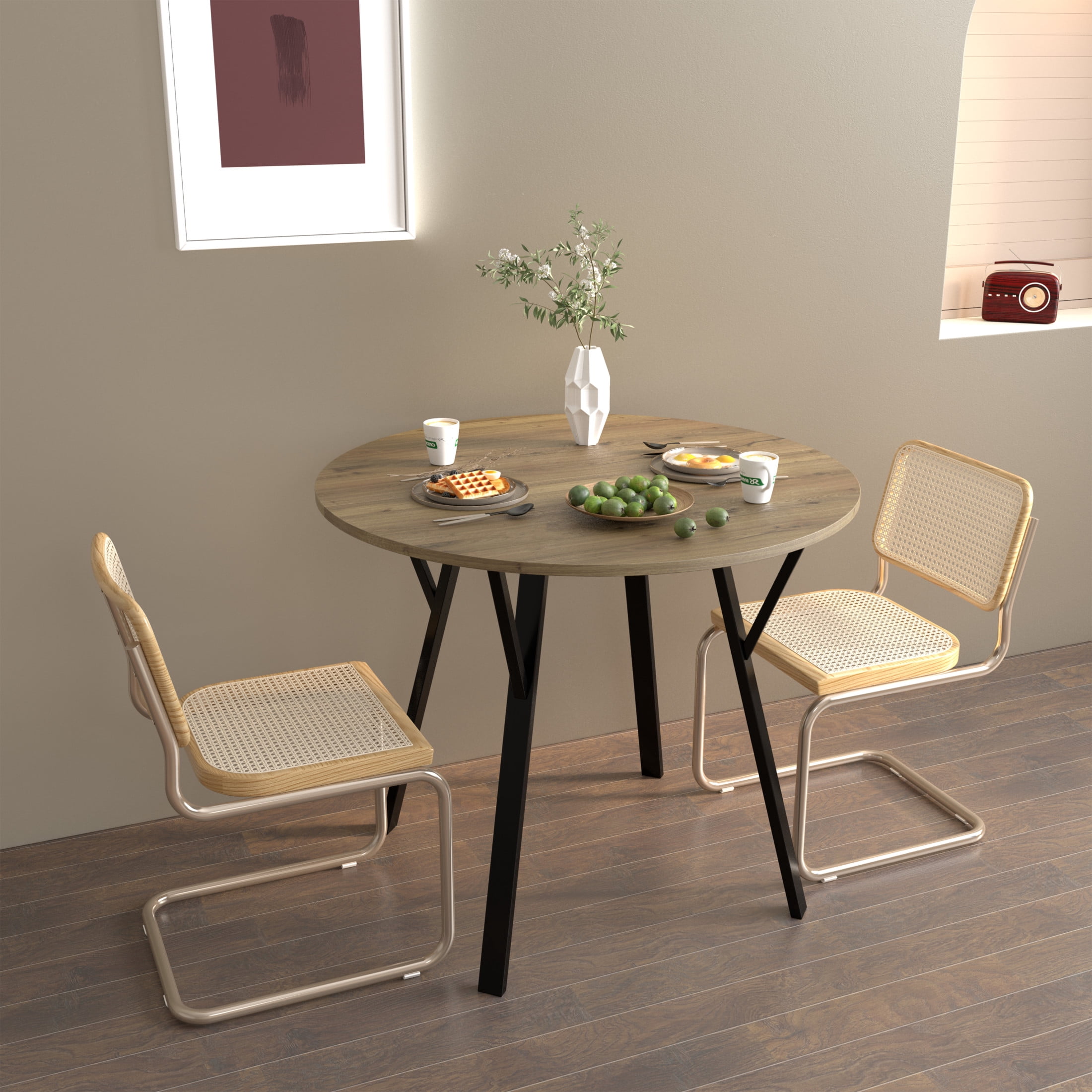 Noble House Windsor 35.43" Round Wood Dining Table, Small Circle Kitchen Table for 2-4 People, Black Metal Legs, Brown