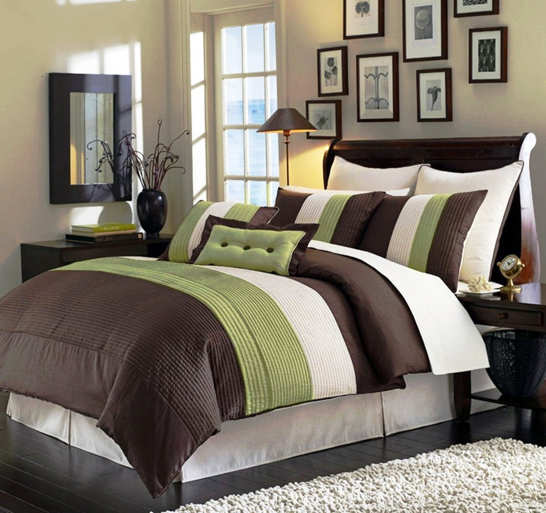 8 Pieces Luxury Stripe Green Brown Beige Comforter Bed-in-a-bag Set Full Size 