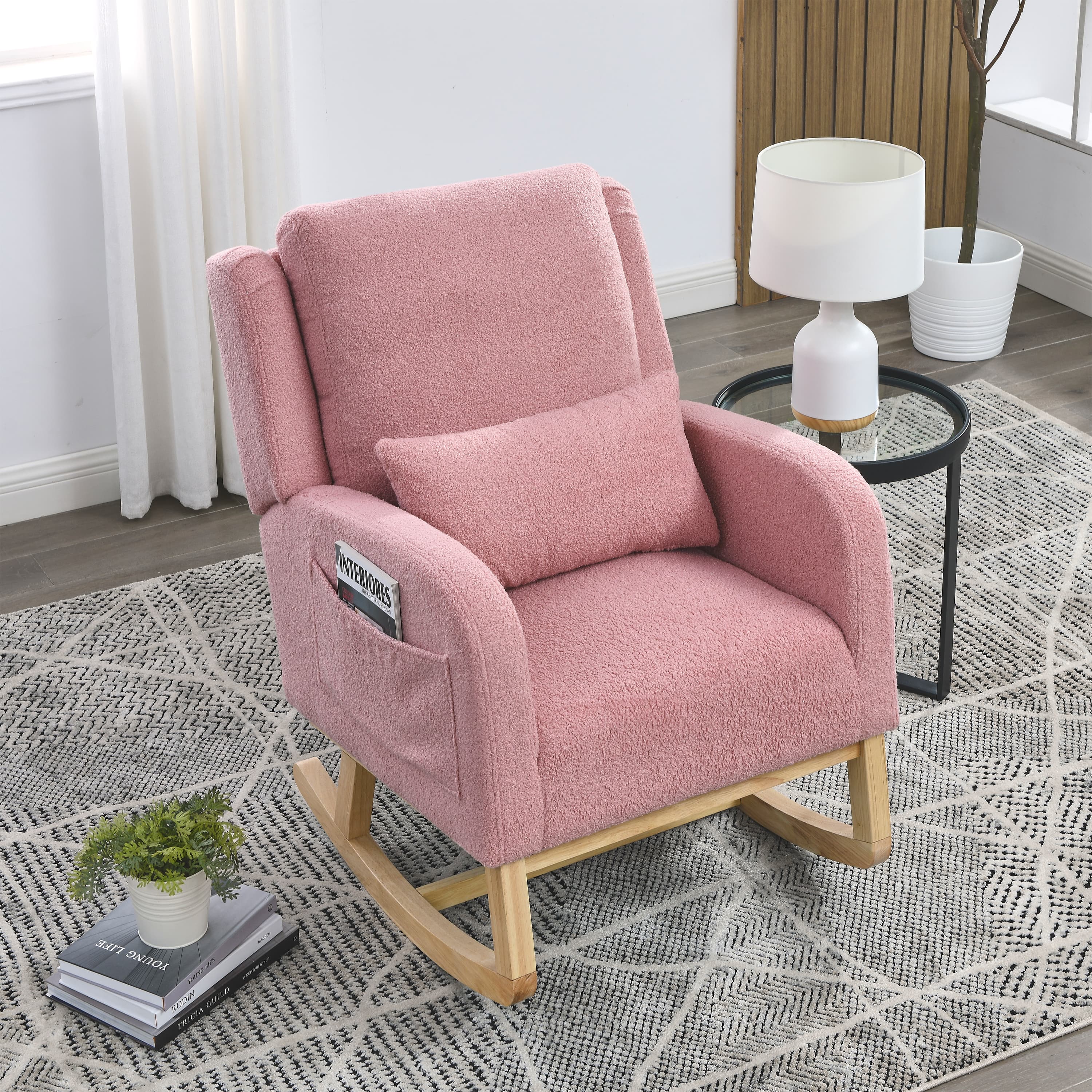 MAYEERTY 27.5 "W Modern Accent High Back Living Room Casual Armchair Rocker with One Lumbar Pillow, Two Side Pockets,Teddy.