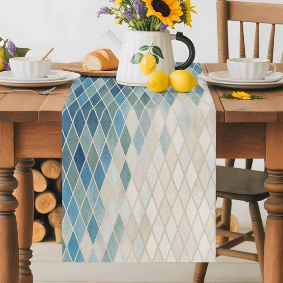 Blue Gradient Mosaic Abstract Geometric Table Runner 36 Inches Long, Gingham Check Table Runners Tabletop Scarf Kitchen Dining Tables Decoration for Home Party Indoor Outdoor