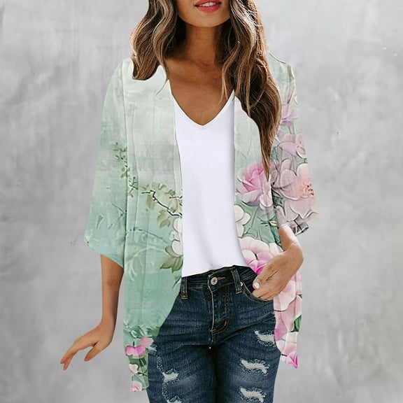 miqiqism Cardigan for Women 2024 Womens Fashion Kimonos Juniors Loose 3/4 Length Sleeve Ruffle Tops Casual Open Front Outerwear Cover Ups Lightweight Cardigans,Green,Medium