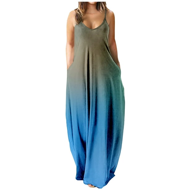 Maxi Dress for Women Sleeveless Floral Print Dress Pocket Halter Long ...