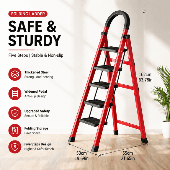 Heavy duty 3/4/5 step folding ladder, portable folding ladder with a load-bearing capacity of up to 500 pounds| Heavy duty non slip pedals, sturdy design, suitable for home and industrial maintenance