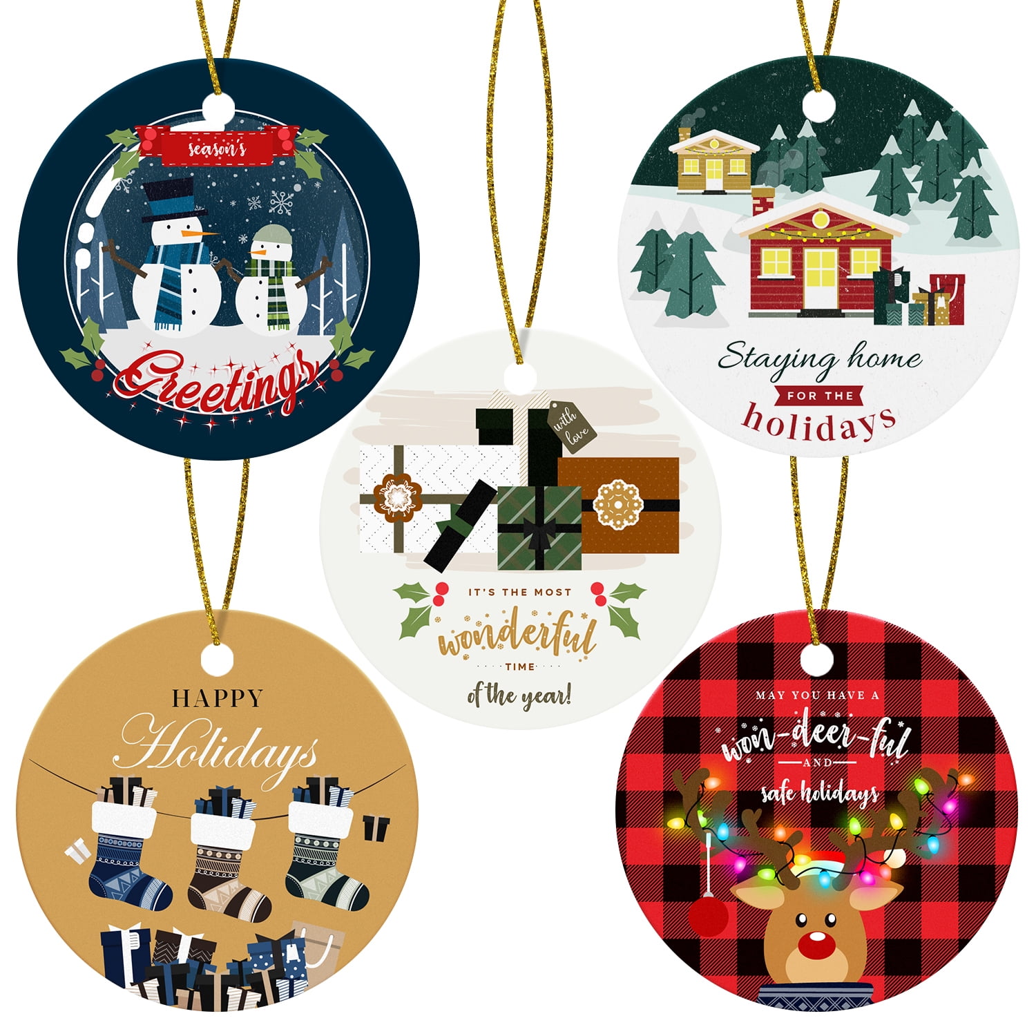 Holiday Ornaments Year 2022, 3 X 3” Round Laminated Cardstock Bauble For Xmas Christmas Tree Decoration, Gift Tags & New Year's Home Decor, Hole Punched With Self Click Hanging Strings | 5 Designs - Walmart.com