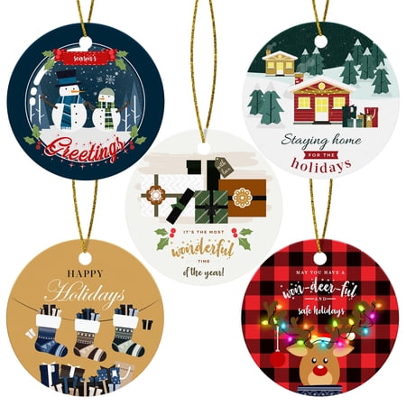 Holiday Ornaments Year 2024 3 x 3” Round Laminated Cardstock Bauble for Xmas Christmas Tree Decoration Gift Tags & New Year’s Home Decor Hole Punched with Self Click Hanging Strings | 5 Designs