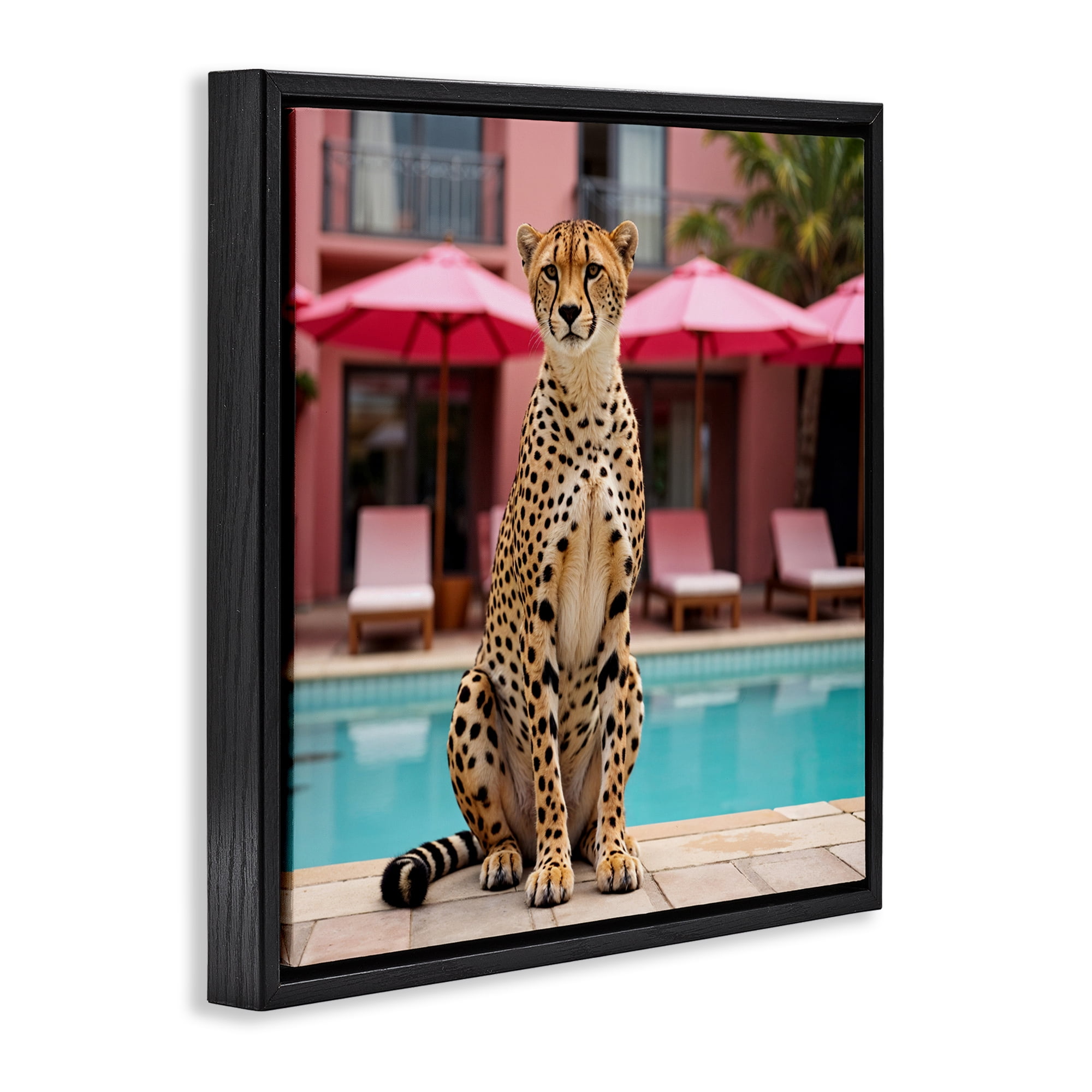 Cheetah Posed at Poolside Black Framed Floater Canvas Wall Art, design by Lettered and Lined