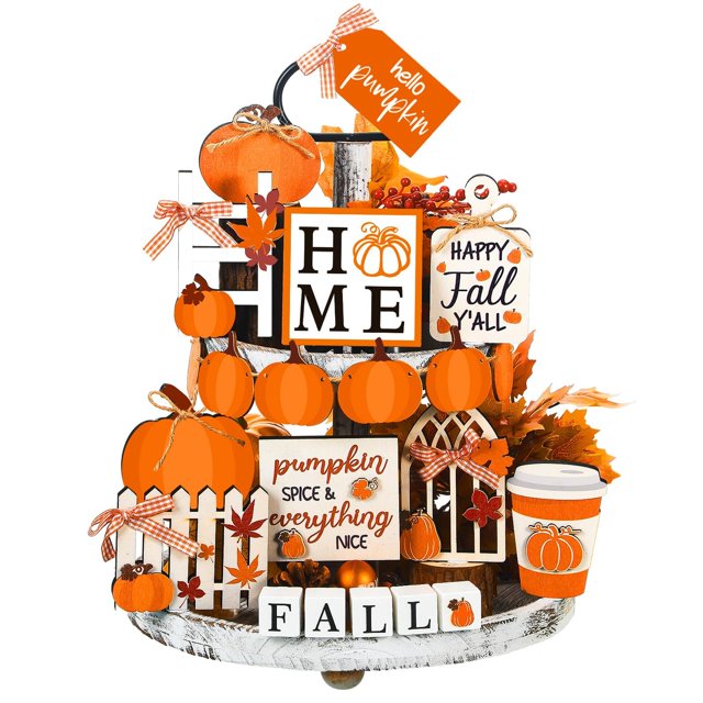 15 Piece Autumn Tray Decor Set: Pumpkins Farmhouse & Realistic Maple Leaves For Fall Centerpieces | Clear & Textured Style