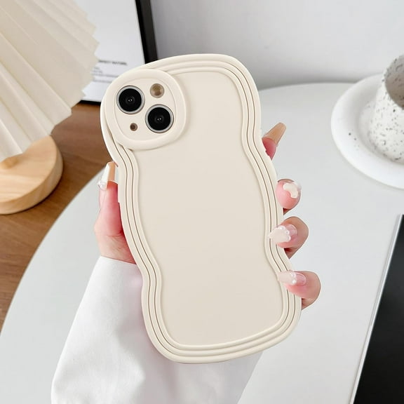 for iPhone 15 Plus Case Curly Wave Frame Cute Aesthetic Wavy Pattern Case for Women Girls, Slim TPU Shockproof Protective Bumper Case for iPhone 15 Plus 6.7 Inch, Beige
