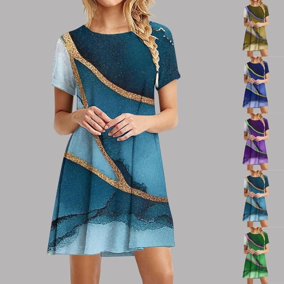 Bxsruta Women Casual Short Sleeve Crew Neck A Line Mini Dress Loose Comfy Flowy Pullover Tunic