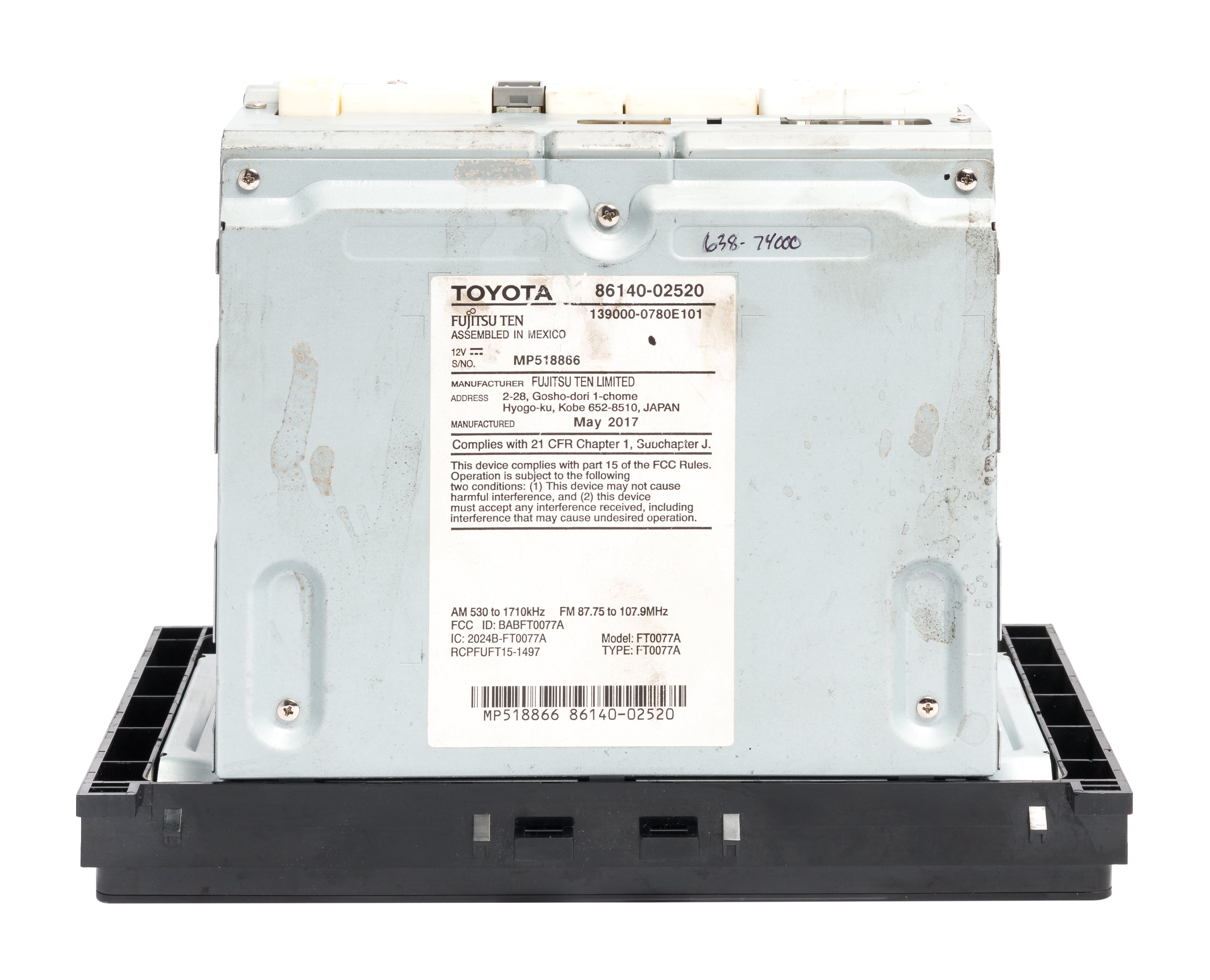 Restored 2017-18 Toyota Corolla AM FM Radio Single Disc CD Display 86140-02520 Opt 100639 (Refurbished)