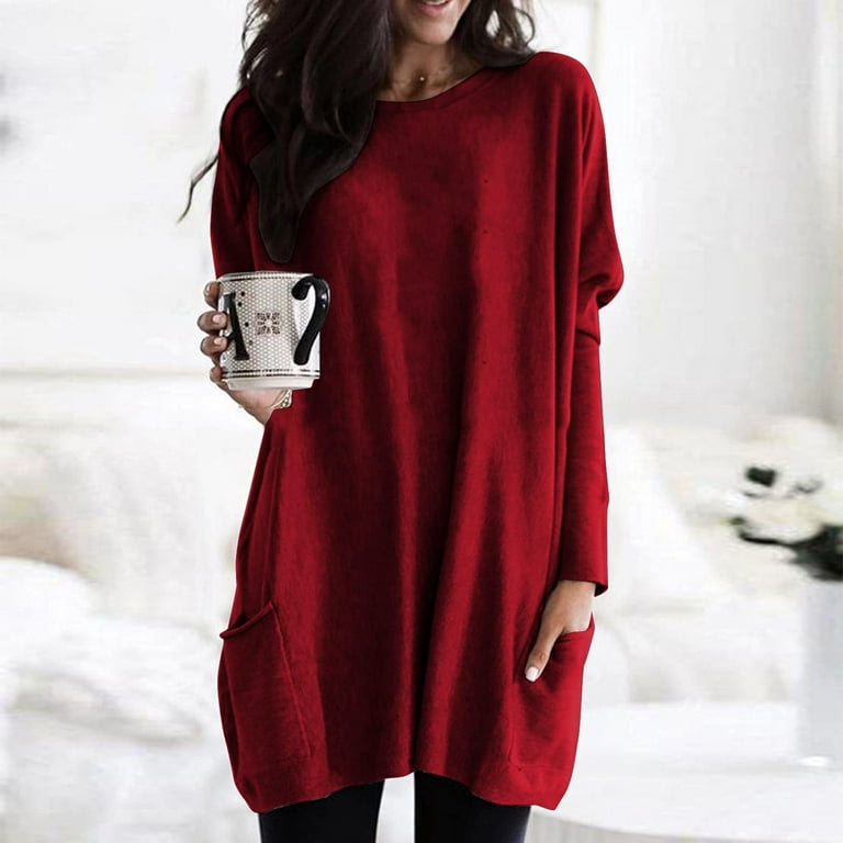 tklpehg Long Sleeve Shirts for Women Dressy Comfy Round Neck Loose Womens  Tops Sweatshirts Fall Clothes Solid Color Long Sleeve Blouse with Pockets  Red L