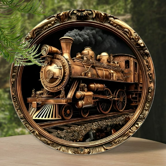 Vintage Train Theme Aluminum Metal Sign, 8x8 Inch Round Flat Wall Decor for Kitchen, Coffee Shop, Home, Office - Ideal Thanksgiving or Christmas Gift, 2d, Wreath Sign, Living Room